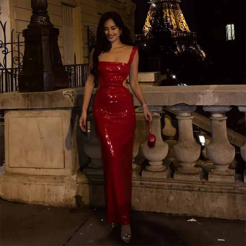 Sexy Square Neck Sling Long Dress Women Shinny Backless Hollow Out Sleeveless Slim Maxi Dresses New Lady Party Club Gowns ﻿