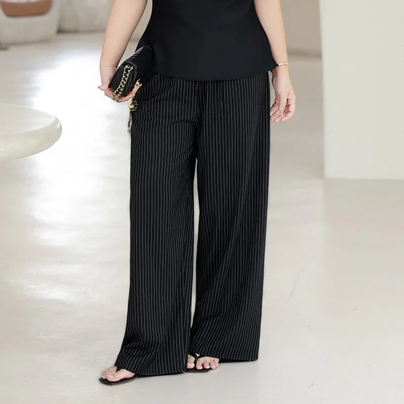 Modern Vertical Stripe Wide Leg Pants For Women Plus Size Premium High-Waisted Office Trousers With Comfortable Summer