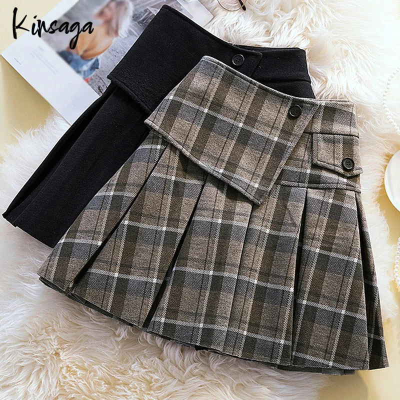 Women Harajuku Punk Plaid Pockets Patchwork Pleated Mini Skirt 4XL Fall Streetwear Y2K Kawaii Preppy A-line Black Short Skirts