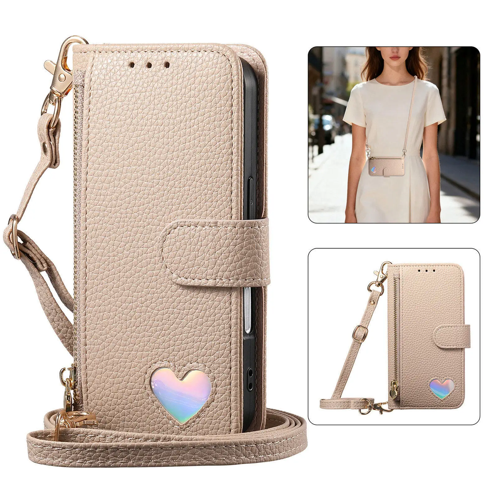 Crossbody Leather Shoulder Zip Wallet Case with Card Slots and Handy Strap