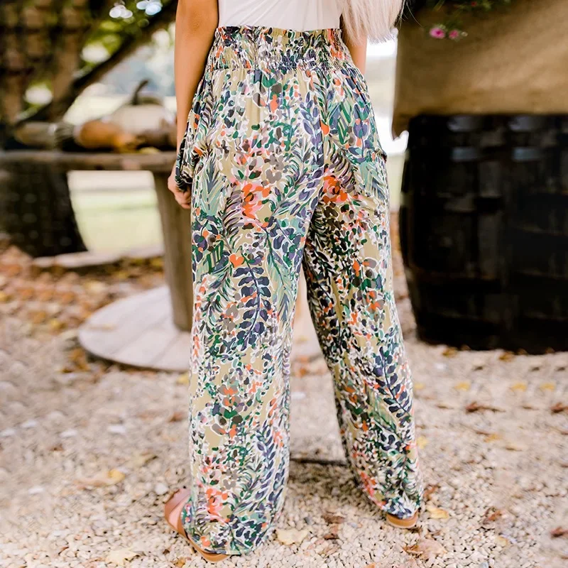 2024 NEW Women's Vacation Beach Floral Wide Leg Pants Printed Floor Mopping Pants Casual Loose Trousers Lady Homewear NASY0009