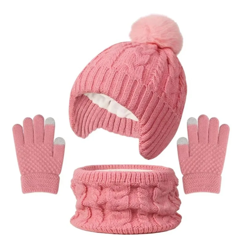 Casual Solid Color Baby Hat Scarf Gloves Set Warm Ears Cute Pompom Toddler Knitted Hats Thickened Keep Warm Kids Hat Set Boys