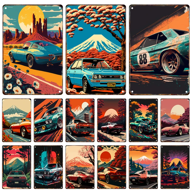 

Japanese Style Sports Car Metal Signage Tin Painting Vintage Mt. Fuji Car Poster Plaque Home Garage Club Wall Art Decor Mural