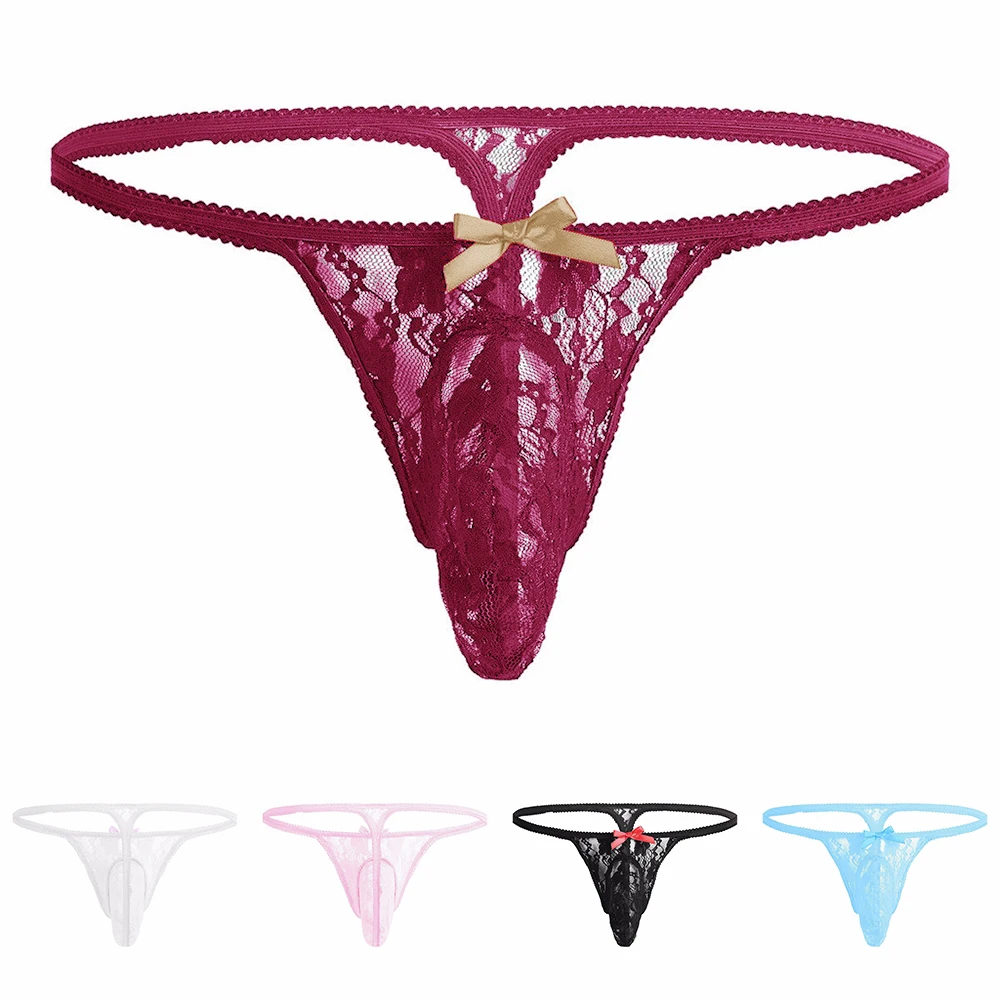 

Men Sexy Mesh G-String Thong Breathable Bow Big Pouch Lace Transparent Briefs Sissy Panties Sexy Lingerie Трусы Мужские