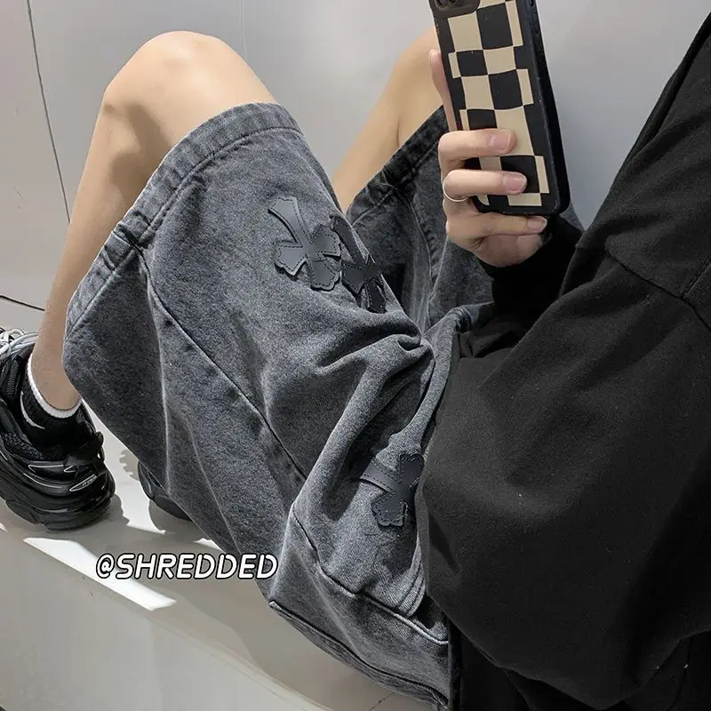 American cross-print denim shorts men's summer thin Hong Kong style loose trousers denim shorts summer jeans shorts