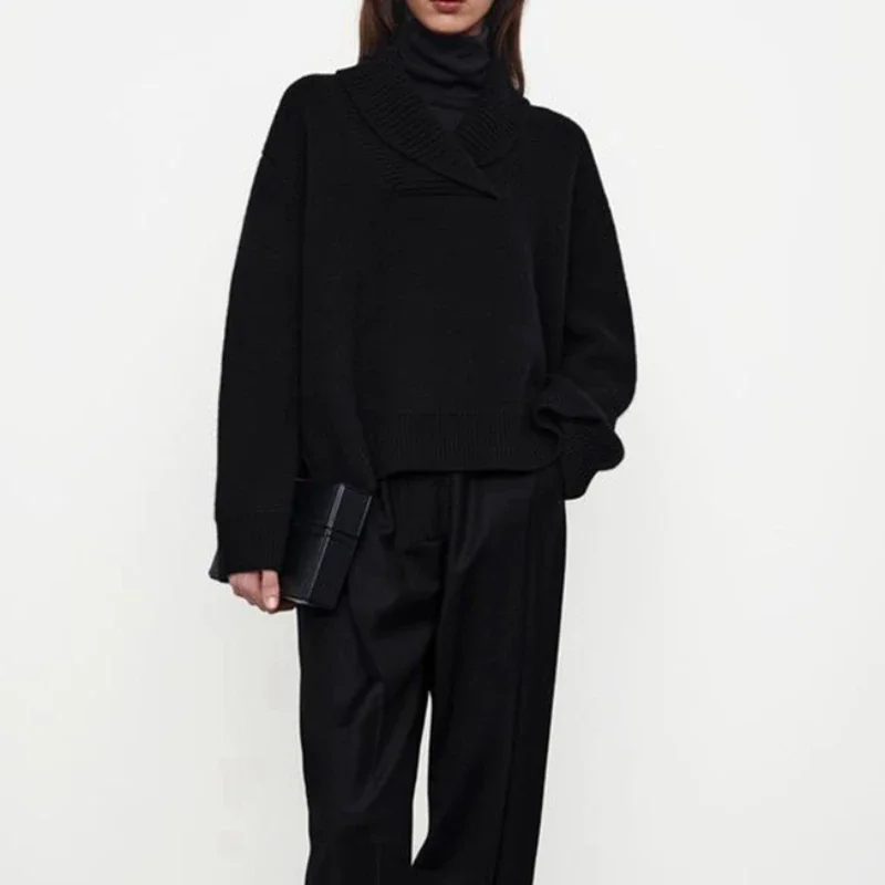

Wool Knitting Sweater Loose Commuter Shawl Collar Lapel Pullover Sweater for Woman