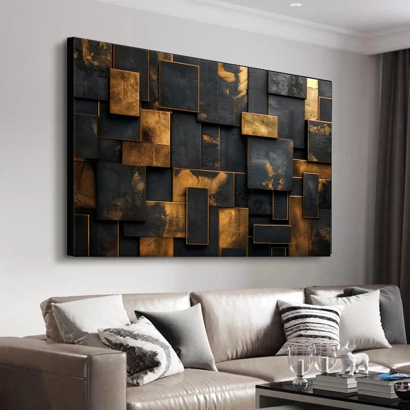 Luxury Abstract Geometric Canvas Wall Art Square Rectangle Decor Black and Gold Painting Print Interior Decor Cuadros - Image 2