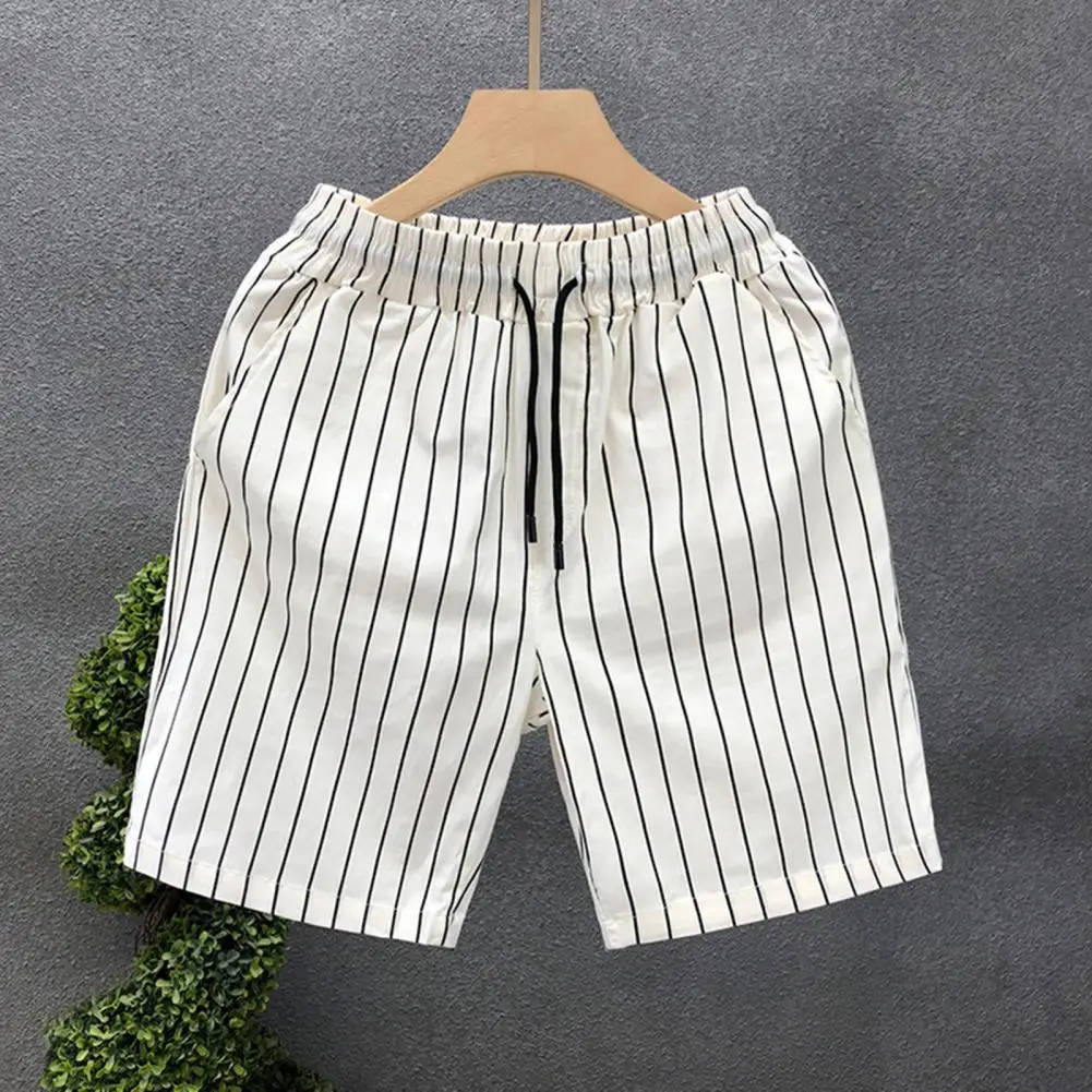 Description Picture 5 of itemMen Summer Shorts Elastic Waistband Adjustable Drawstring Striped Print Street Style Shorts Pockets Wide Leg Casual Shorts