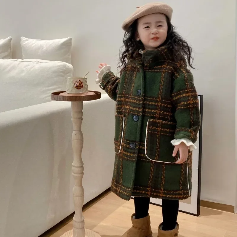 

Girls' Autumn and Winter Korean Edition Hooded Coat Fashionable and Warm Baby Cloth Coat Plaid Fabric Windbreaker