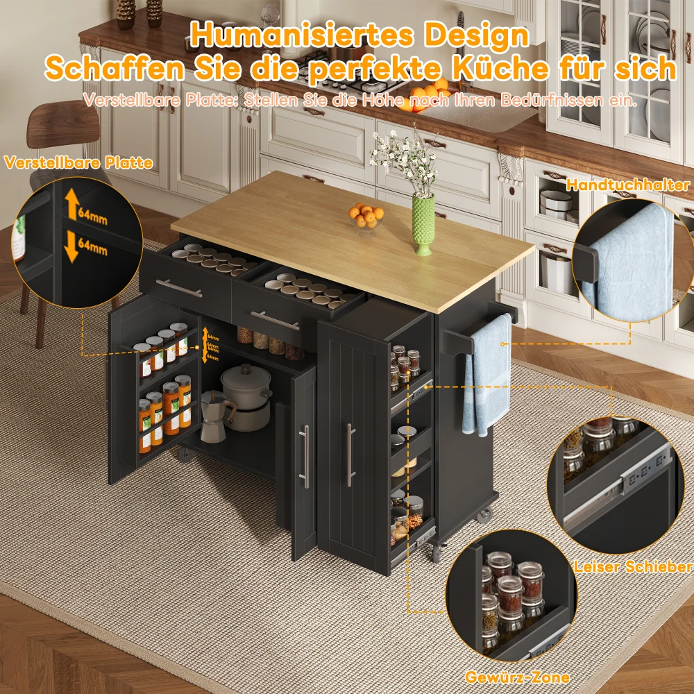 Kücheninsel mit Drop Leaf, Aufbewahrungswagen mit 3-stufig ausziehbarem Schrank-Organizer, internes Lagerregal, Rollwagen auf Rädern – Detail 34