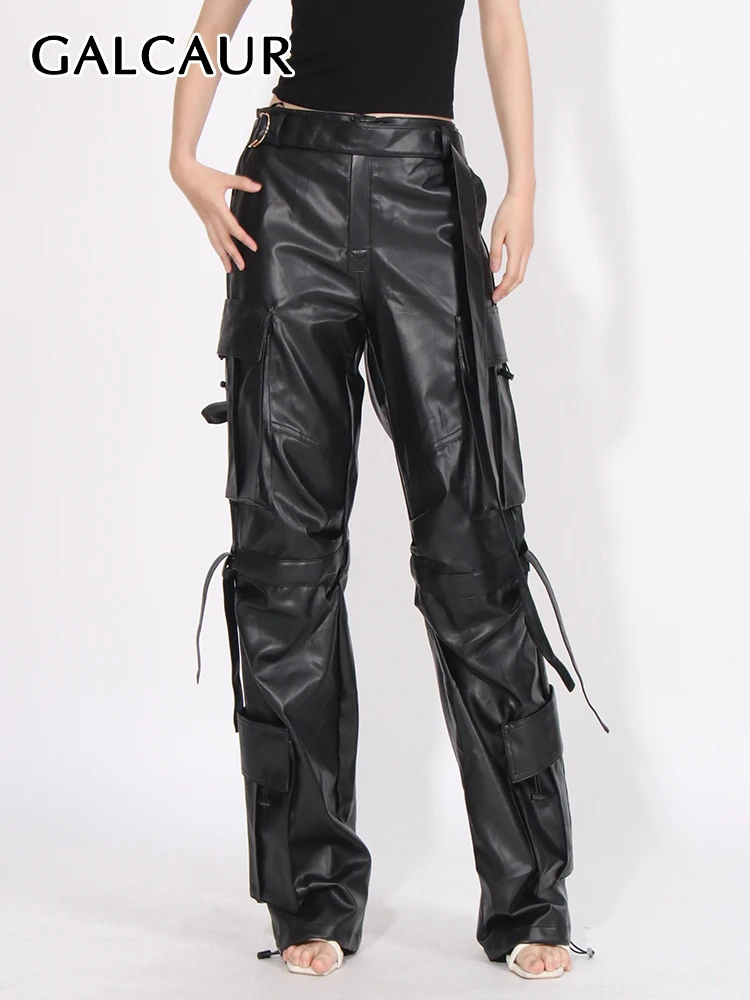 

Брюки GALCAUR женские с высокой талией, однотонные повседневные кожаные штаны-карго в стиле пэчворк, уличная одежда с карманами, модные минималистичные