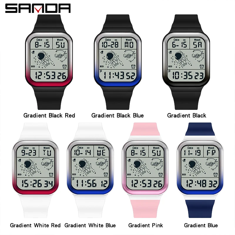 SANDA Mens Watches Fashion Gradient Multifunctional Electronic Watch Square Dial Casual Student Watch Luminous 50M Waterproof