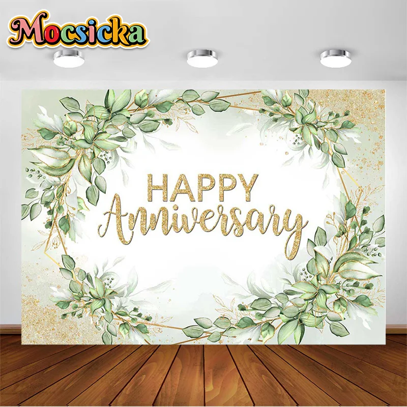 

Mocsicka Greenery Happy Anniversary Backdrop Green Gold Wedding Anniversary Background Party Decorations Cake Table Banner