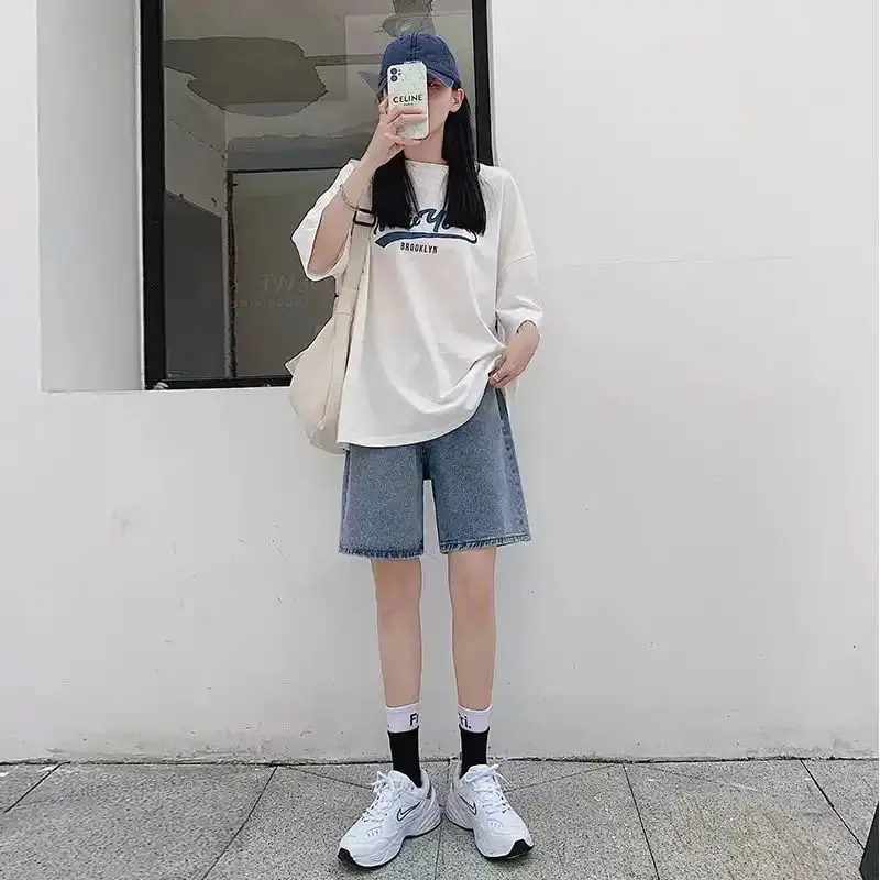 2023 Fashion Summer Half Women Denim Shorts High Waist Belted Loose Female Short Jeans Streetwear