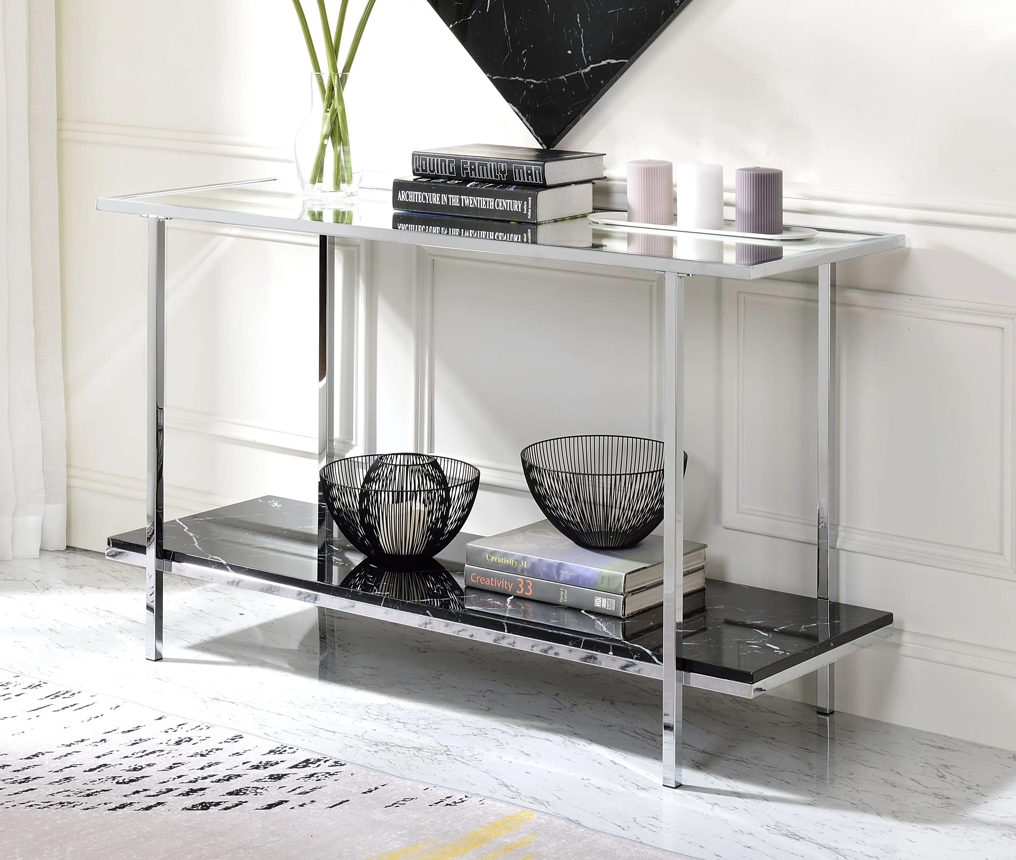 

ACME Angwin Console Table, Mirrored, Faux Marble & Chrome 90515