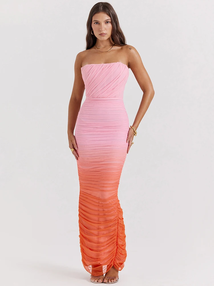 

Mozision Gradient Strapless Backless Sexy Maxi Dress For Women Fashion Off-shoulder Sleeveless Bodycon Back Split Long Dress