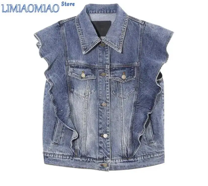 New European Fashion Sleeveless Denim Vest Women Summer Thin Cotton Vest Short Section Vest Jacket Coat Trendy Jean jacket european and american women s clothing new fashion sleeveless shoulder padded night solid color two piece suit women