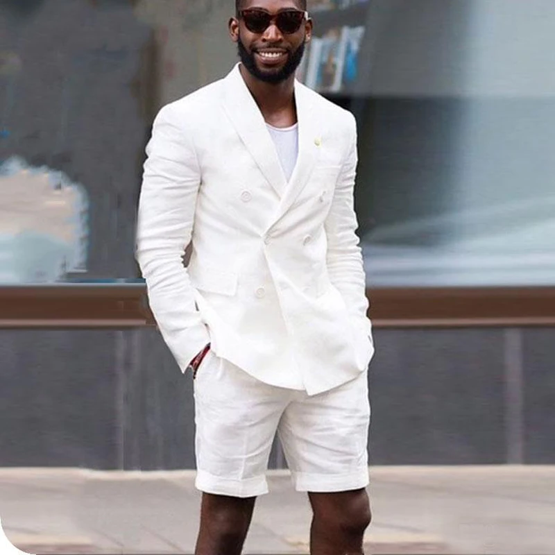 

Double Breasted Linen Summer Men Suits with Short Pants 2 Piece White Blazer Casual Fashion Style Wedding Groom Tuxedos