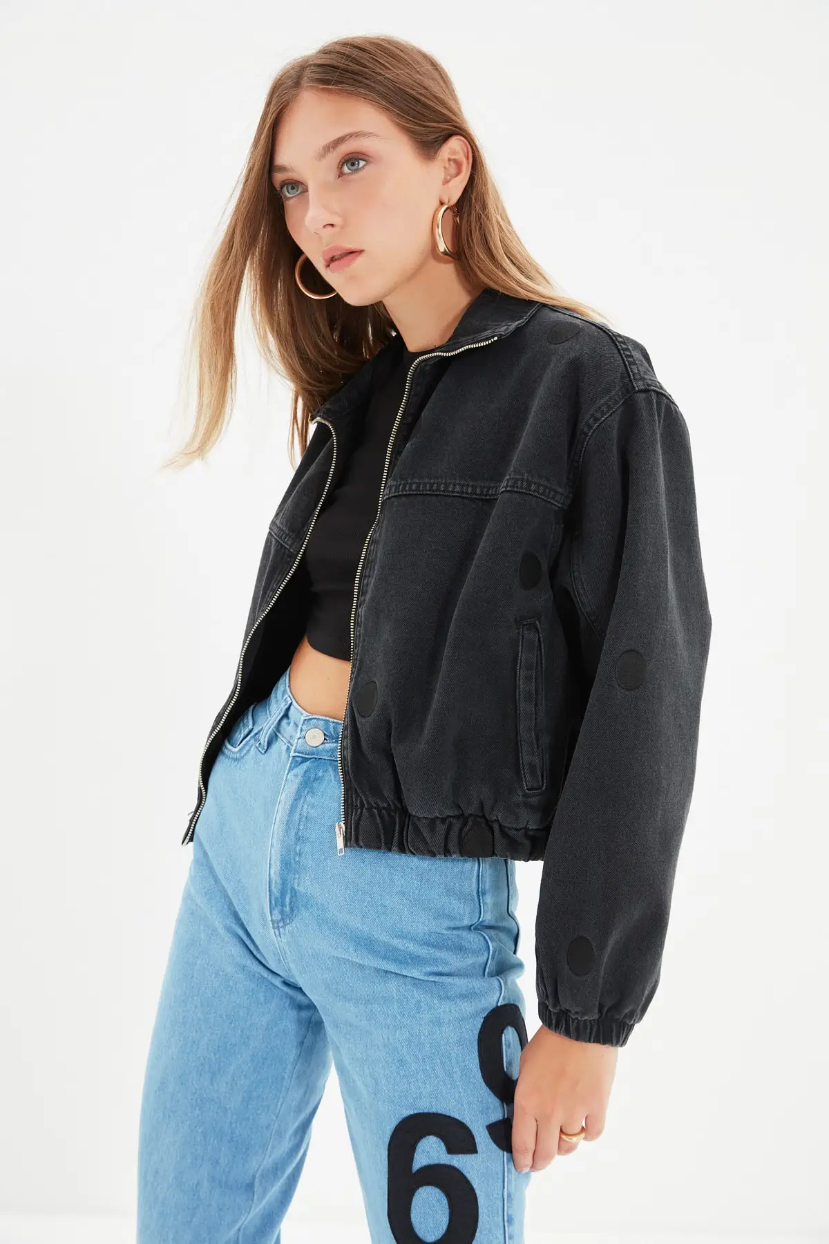 Black Bomber Denim Coat Casual|Jackets 