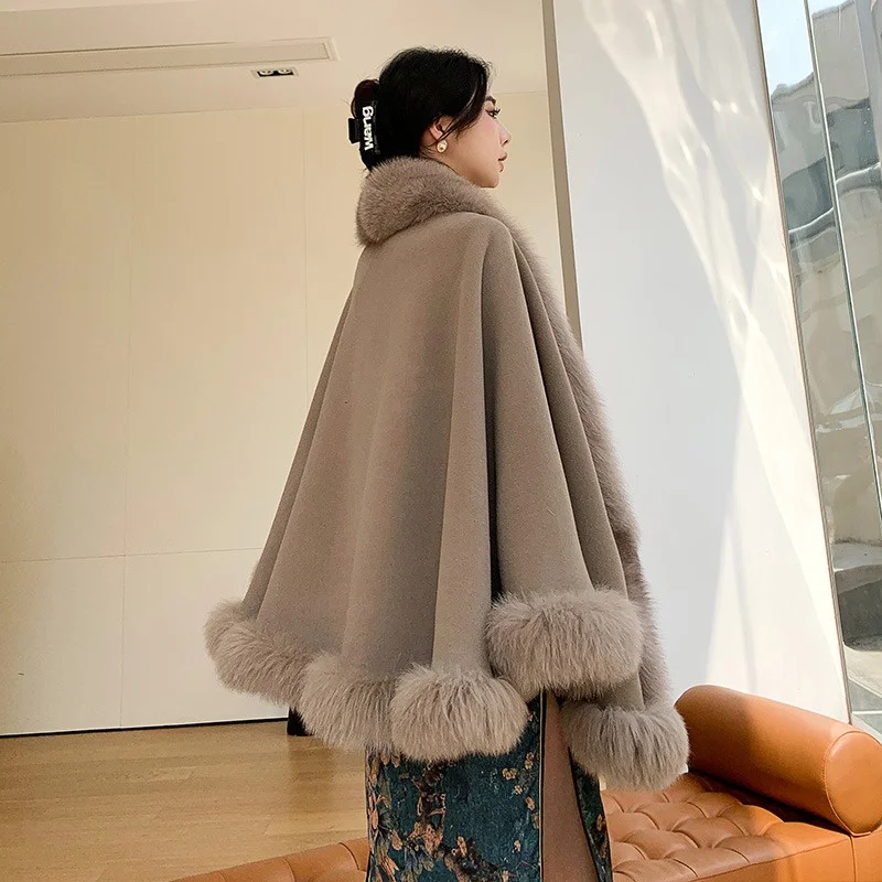 Autumn And Winter Warm Fur Cloak Real Fox Fur Collar High-end Shawl Coat Women's Luxury Outdoor Windproof Warm Cheongsam