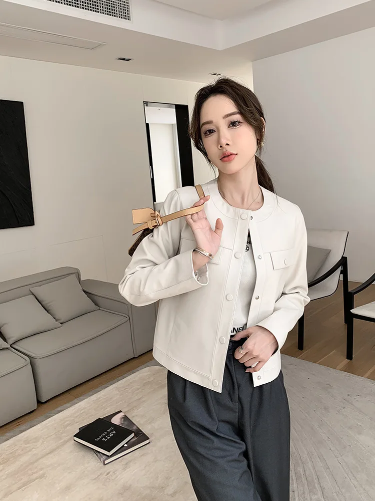 Women\'s Leather Jacket Spring Autumn Fashion Popular O-Neck Single-Breasted Invisible Pocket Short Slim White Sheepskin Ceketler