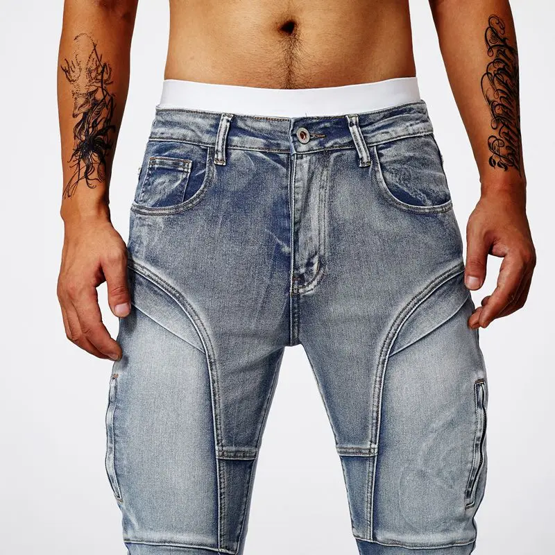 Two tone distressed patchwork jeans for men trendy jeans for summer thin straight leg pants slim fit small leg distressed jeans 5