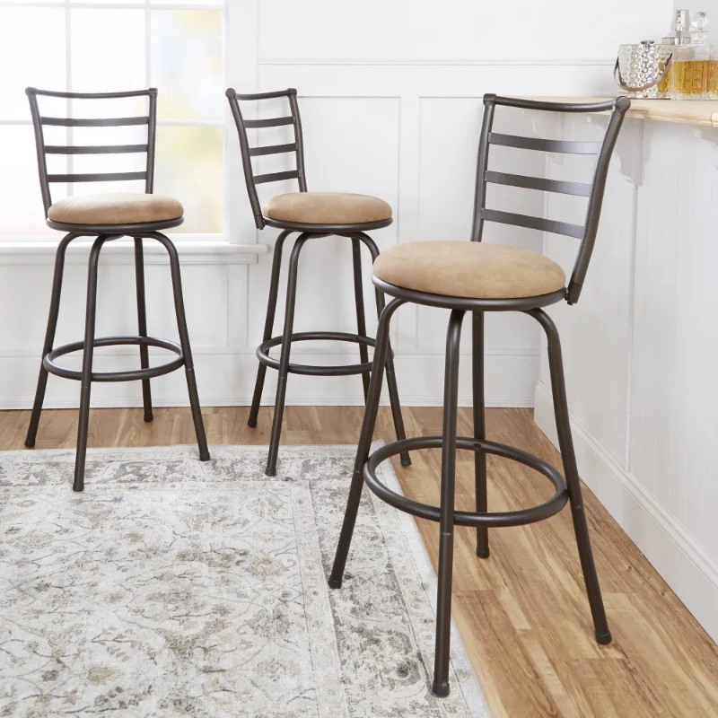 

3 Pack Adjustable 24" or 29" Bronze Bar Stools Ladder Back Swivel Barstool Tan Microfiber Seat Fire-retardant Upholstery