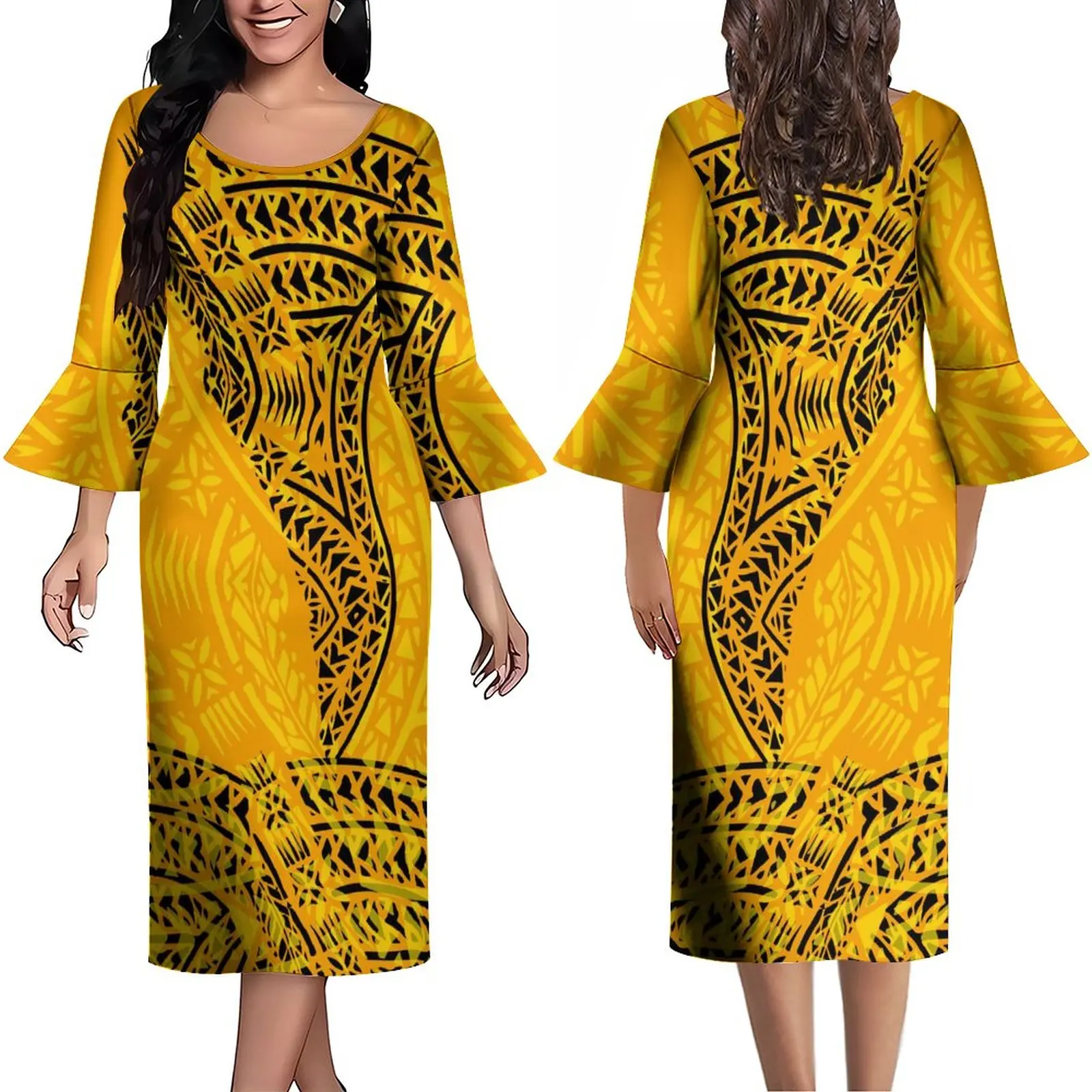 

Women's Summer Long Sleeve Lotus Cuff Custom High-Quality Dress Polynesian Pattern Print Artistic Temperament Dress 2023 New