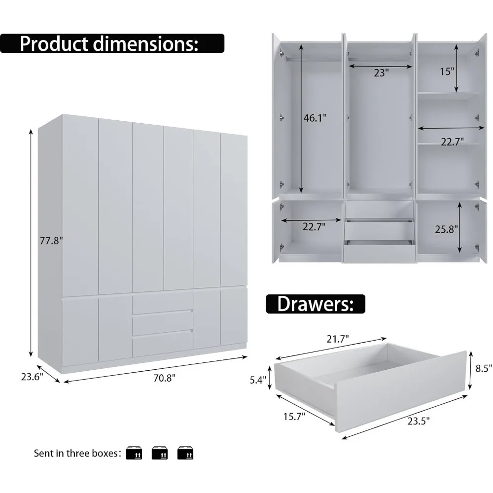 Large Armoire Wardrobe Closet with Drawers and Shelves, White Bedroom Armoires with 6 Doors 2 Hanging Rods, Wooden Freestanding 2