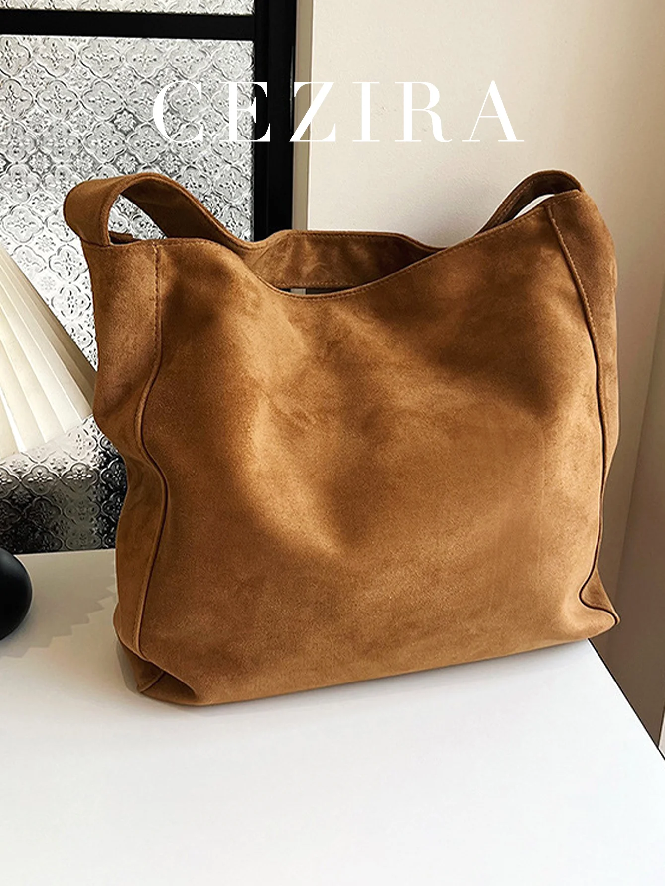Borsa a tracolla hobo di grande capacità con magnete in morbido tessuto scamosciato sintetico color Maillard casual slouchy per le donne, lo shopping - immagine 3