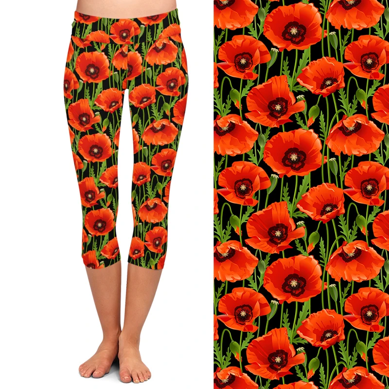 LETSFIND Summer New 3D Beautiful Poppies Print Capri Leggings High Waist Soft Fitness Mid-Calf Stretch Leggings