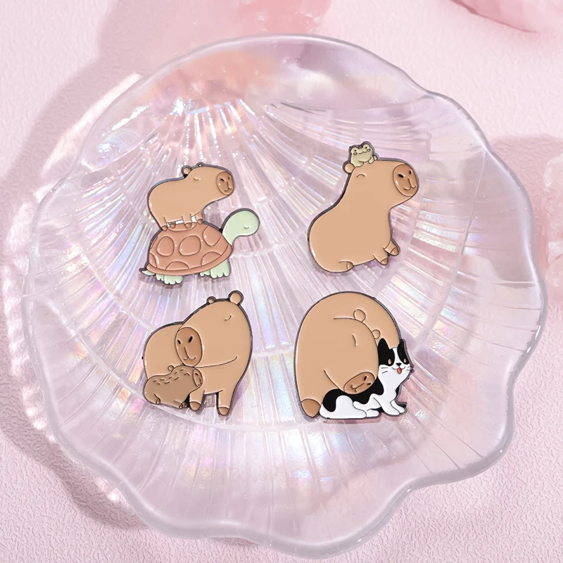 Cute Capybara Enamel Pin Don\'t Worry Be Cappy Animal Brooch Hippo Toad Frog Lapel Accessories Backpack Jewelry Kid Women Gift