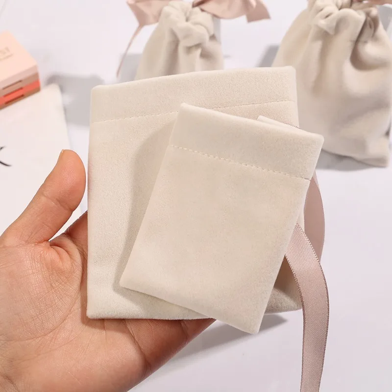 Beige Bow Velvet Jewelry Drawstring Bags Girls Small Gift Package Women Ribbon Pouch Necklace Bracelet Earrings Storage Parcel