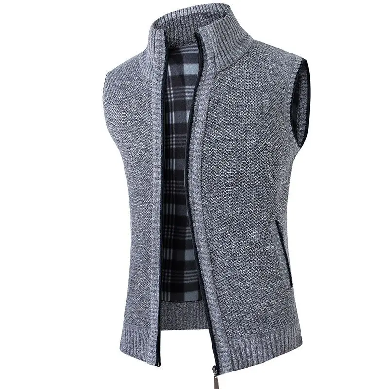 2023 Autumn Winter New Solid Color Fashion Stand Collar Sleeveless Tank Top Man Casual Loose Zipper Pockets Warm Knitting Vest