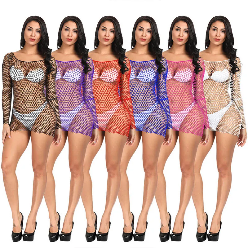 

1pc Women Fish Mesh See-through Long Sleeve Dress Candy Colored Round Neck Hollowed Out Mesh Dress Sexy Beach Cover Up Dress