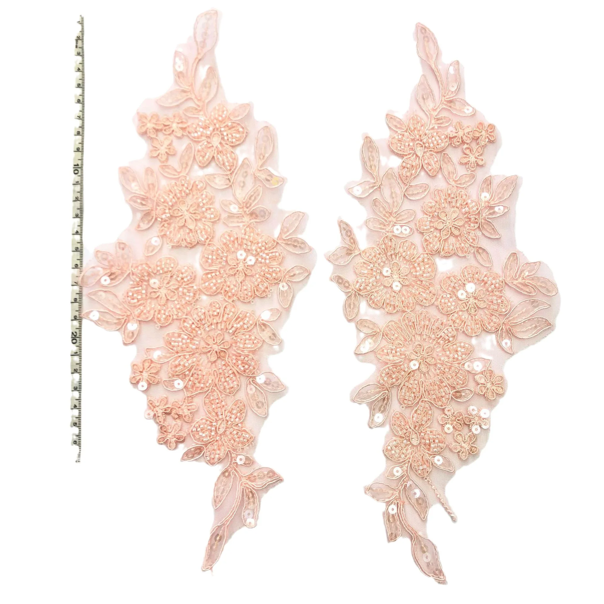Tulle ricamato con perle di perline fatte a mano con disossamento applicato floreale 3D con motivo di precisione abbinato per abito da sposa - immagine 3