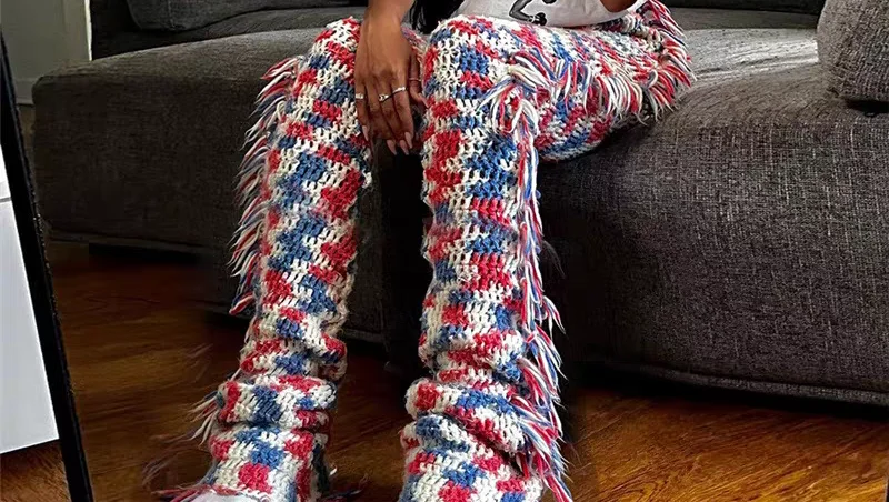 2024 NewStrangeCat Knitted Colored Plaid Pants Women's Fall Trend Tight Stretch Side Hair Casual Pants Wild Hipster Street Pants