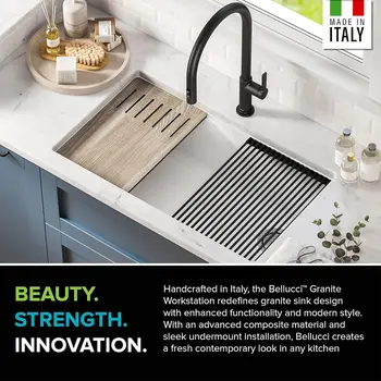 Workstation 32-inch Undermount Granite Composite Single Bowl Kitchen Sink in White with Accessories, KGUW1-33WH 4