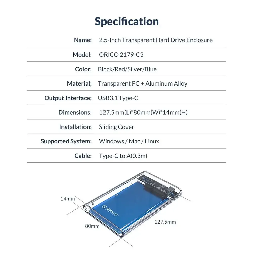 ORICO 투명 외장 스토리지 HDD 케이스, 알루미늄 SATA 5Gbps HDD SSD 하드 드라이브 인클로저, 노트북용 UASP 지지대, USB3.0, 2.5 인치