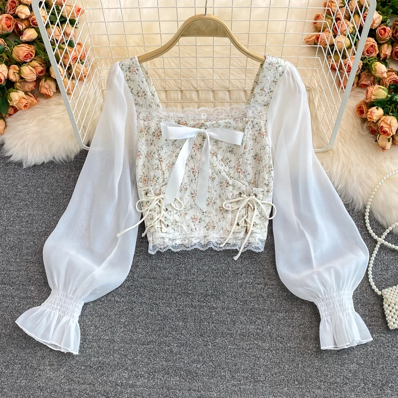 YuooMuoo Sexy V-neck Autumn Dress Retro Gothic Ruched Slim Waist Women White Floral Print Mini Dress Korean Chiffon Dress