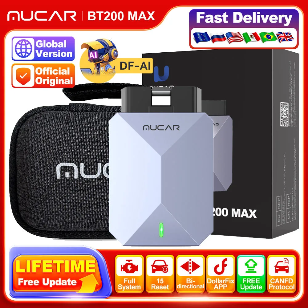MUCAR BT200 MAX escáner OBD2 automotriz todo el sistema 15 reinicio Control bidireccional CANFD herramientas de diagnóstico de coche de por vida gratis