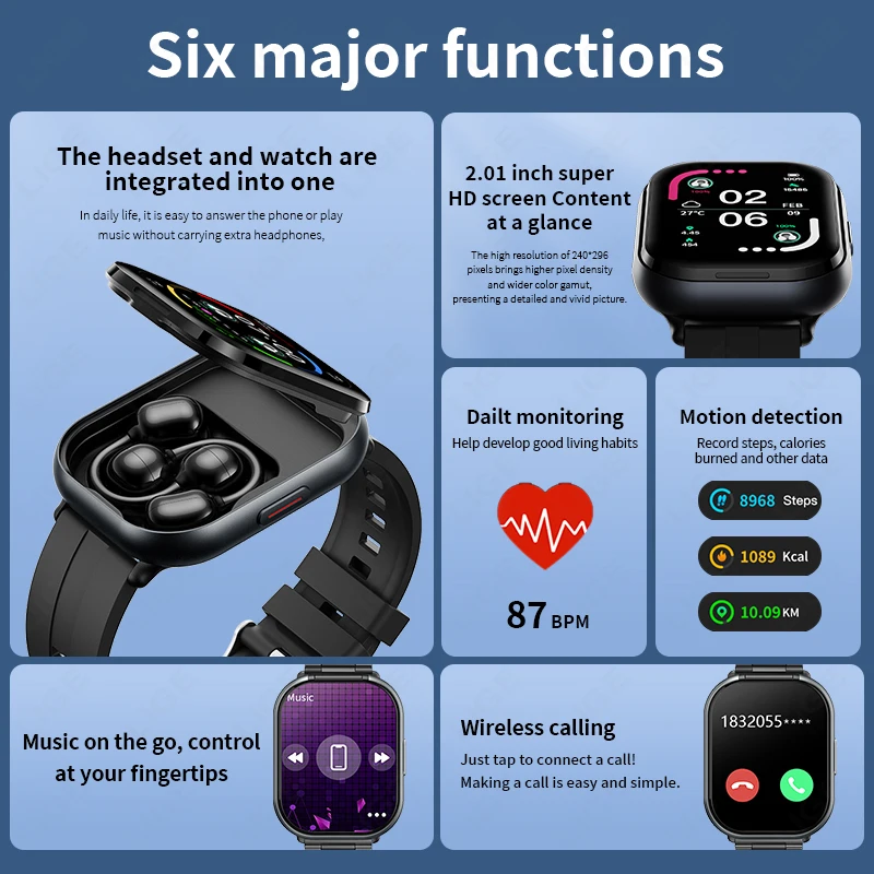 LIGE TWS 2-In-1 Clip-on Earbuds Smart Watch 2.01" BT Call Men Women Earphone Music Sports Smartwatch Heart Rate Health Monitor