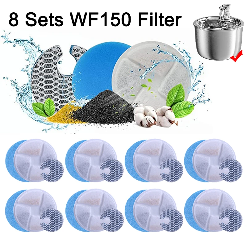 8 Sets WF150 Cat Water Fountain Filters Replacement for Stainless Steel