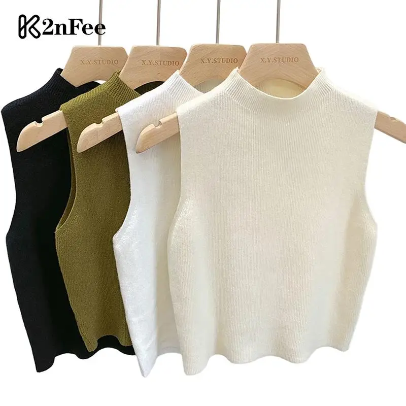 

Summer Threaded Slim Sleeveless Thin Fashion Casual Vest Top Women's Round Collar Solid Color Knitting Vest Shirt