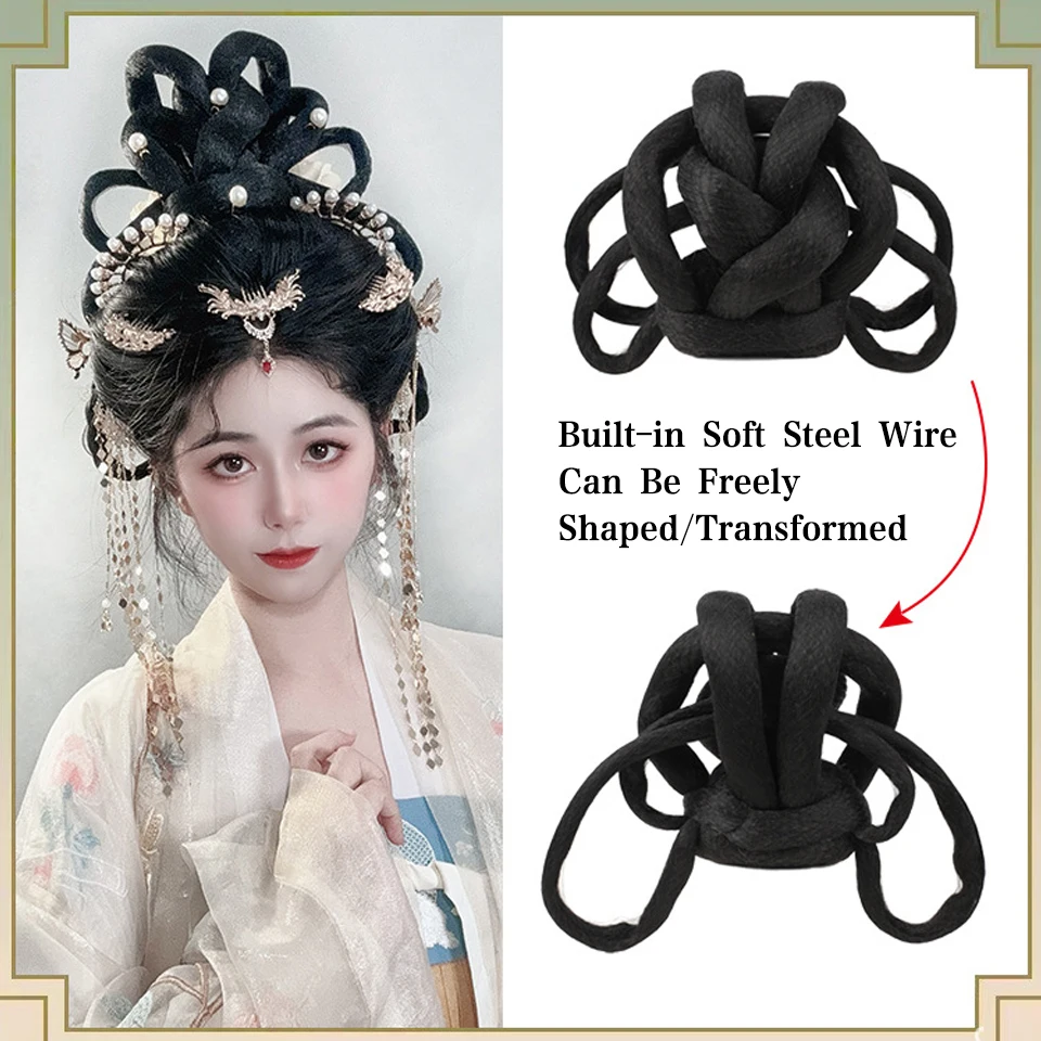 한푸 가발 번 중국 스타일 땋은 머리 번 합성 가짜 머리 번 검정색 레트로 패드 고대 공주 코스프레 빈티지 가발