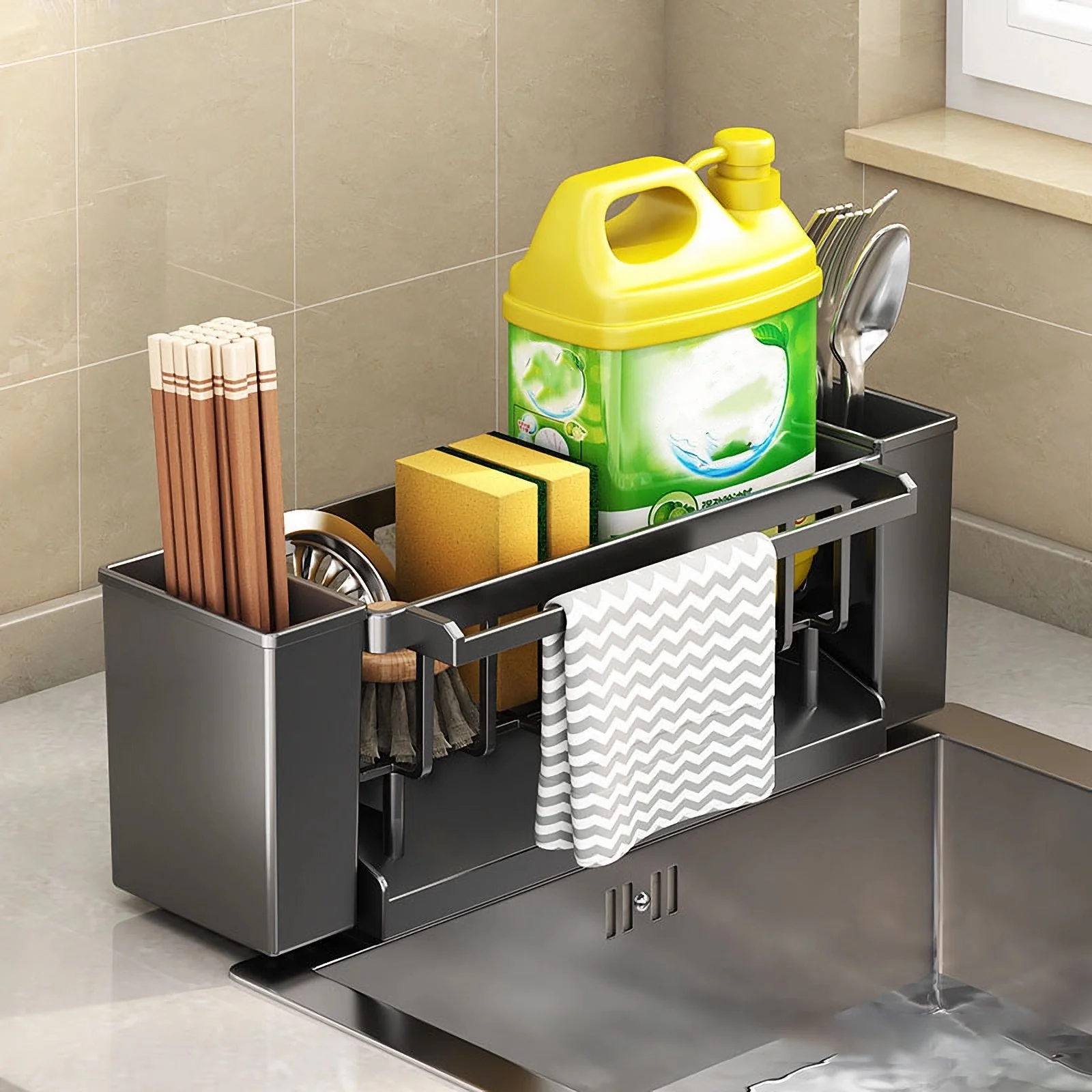 Kitchen Sink Organiser,Kitchen Sink Sponge Holder With Brush Holder,Rag Drain Rack,  Bathroom Organizer, Sink Faucet Sink Ra 6