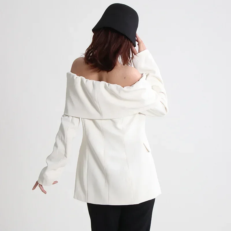 Women‘s Off-shoulder Sexy White Suit Jacket Spring Fashion Chic Slim Suits Vintage Office Ladies Business Work Wear Formal Coat