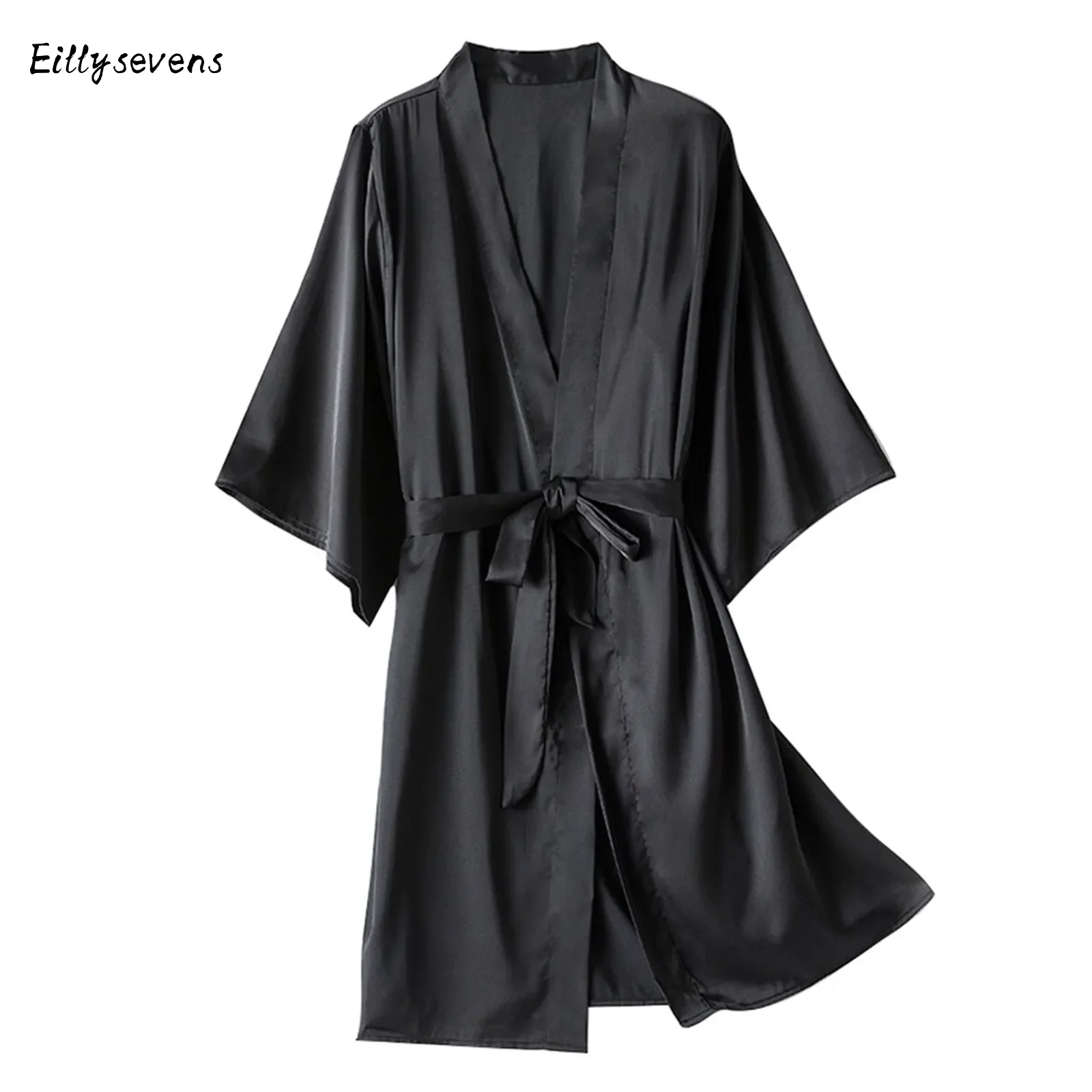 

3/4 Sleeve Womens Pajamas Robes Sexy Lace Solid Color Loose Nightwear Robes Comfortable Satin Lace-Up Nightgown Robes