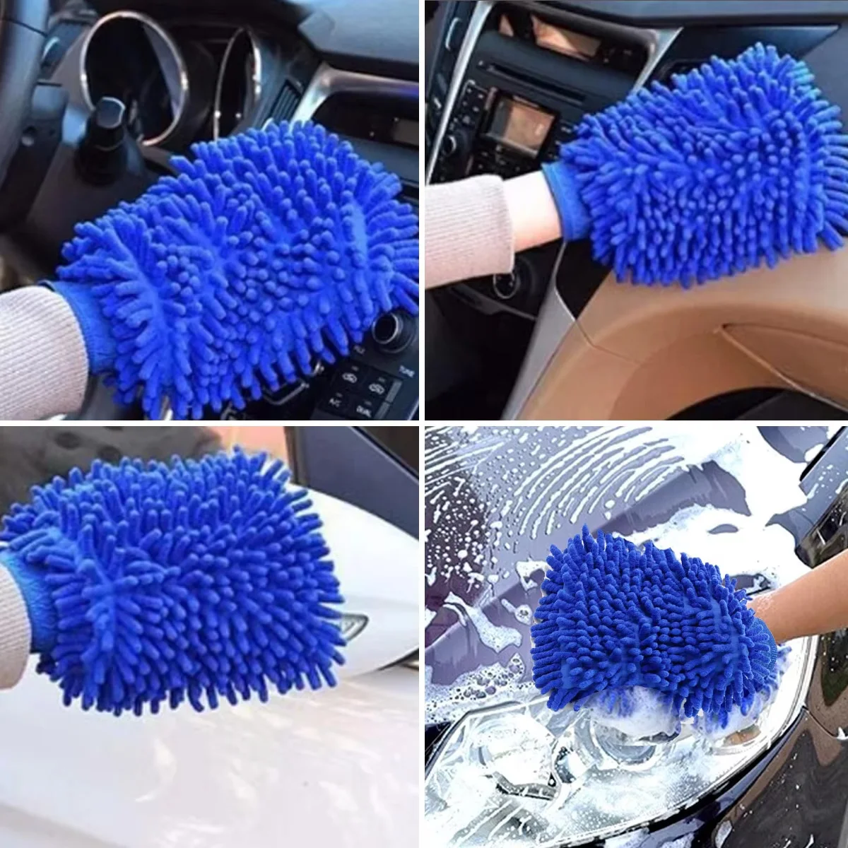 Household Car Windshield And Window Glass Cleaning Ultra-Fine Fiber Gloves Blue Chenille Car Wash Gloves Cleaning Supplies
