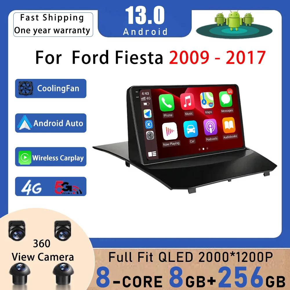 9 Inch Scherm Android 13 Voor Ford Fiesta 2009 - 2017 Gps Navigatie Bluetooth 4G Laat Carplay Wifi Draadloze Carplay